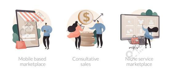 電子商務應用程序抽象概念矢量插圖集?；谝苿拥氖袌觥⒆稍冧N售、利基服務在線零售、使用智能手機抽象隱喻買賣產品。電子商務應用程序抽象概念矢量插圖。